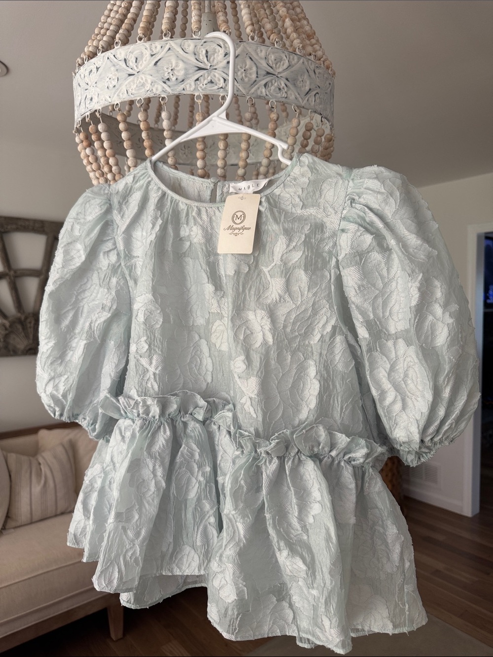 NWT Mable Puff Sleeve Floral Jacquard Top - Pale Mint